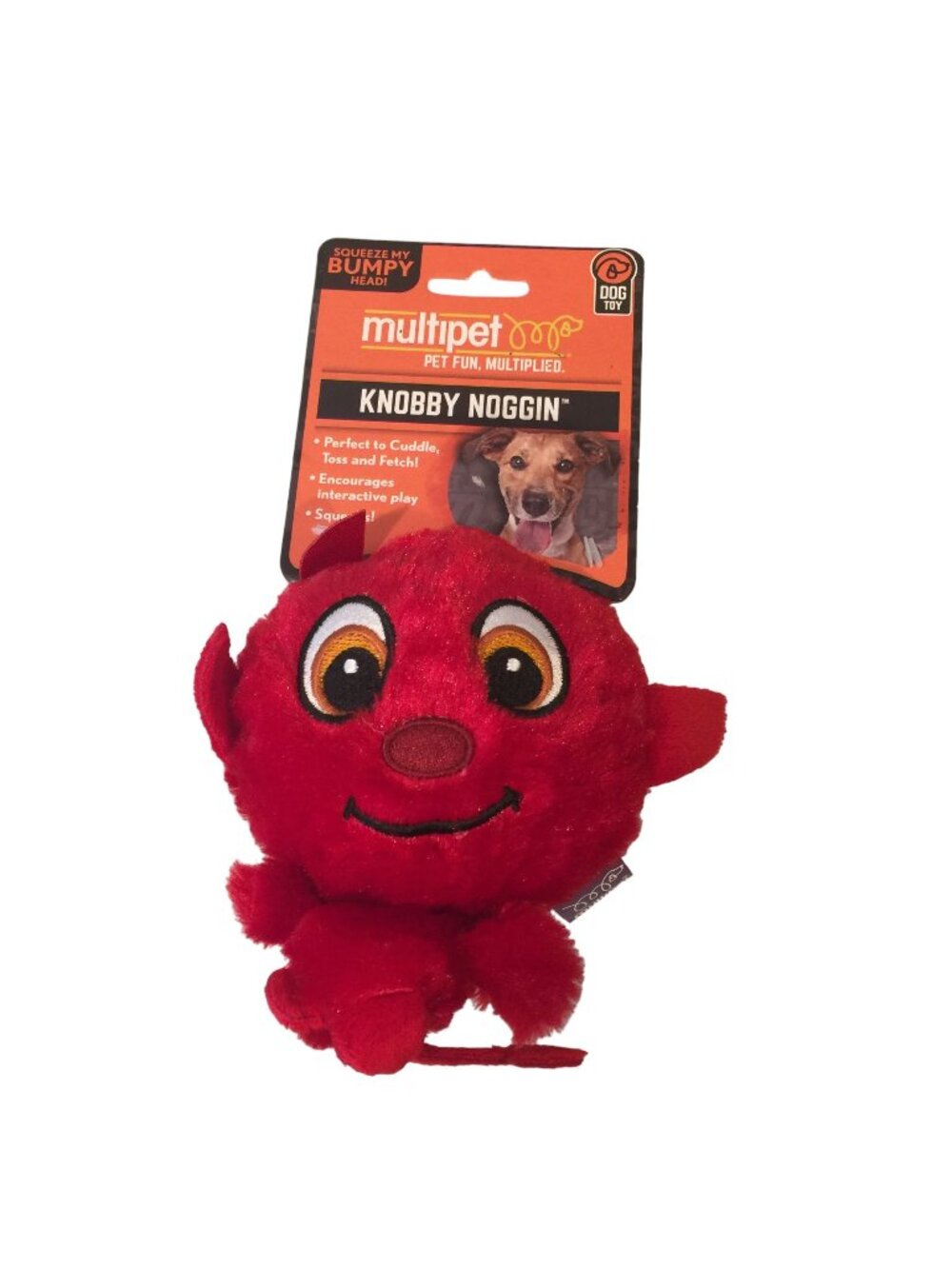 Multipet KNOBBY NOGGIN Little Devil Bumpy Ball Head Plush Red Dog Toy